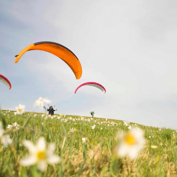 Three paragliders take off in Wiese